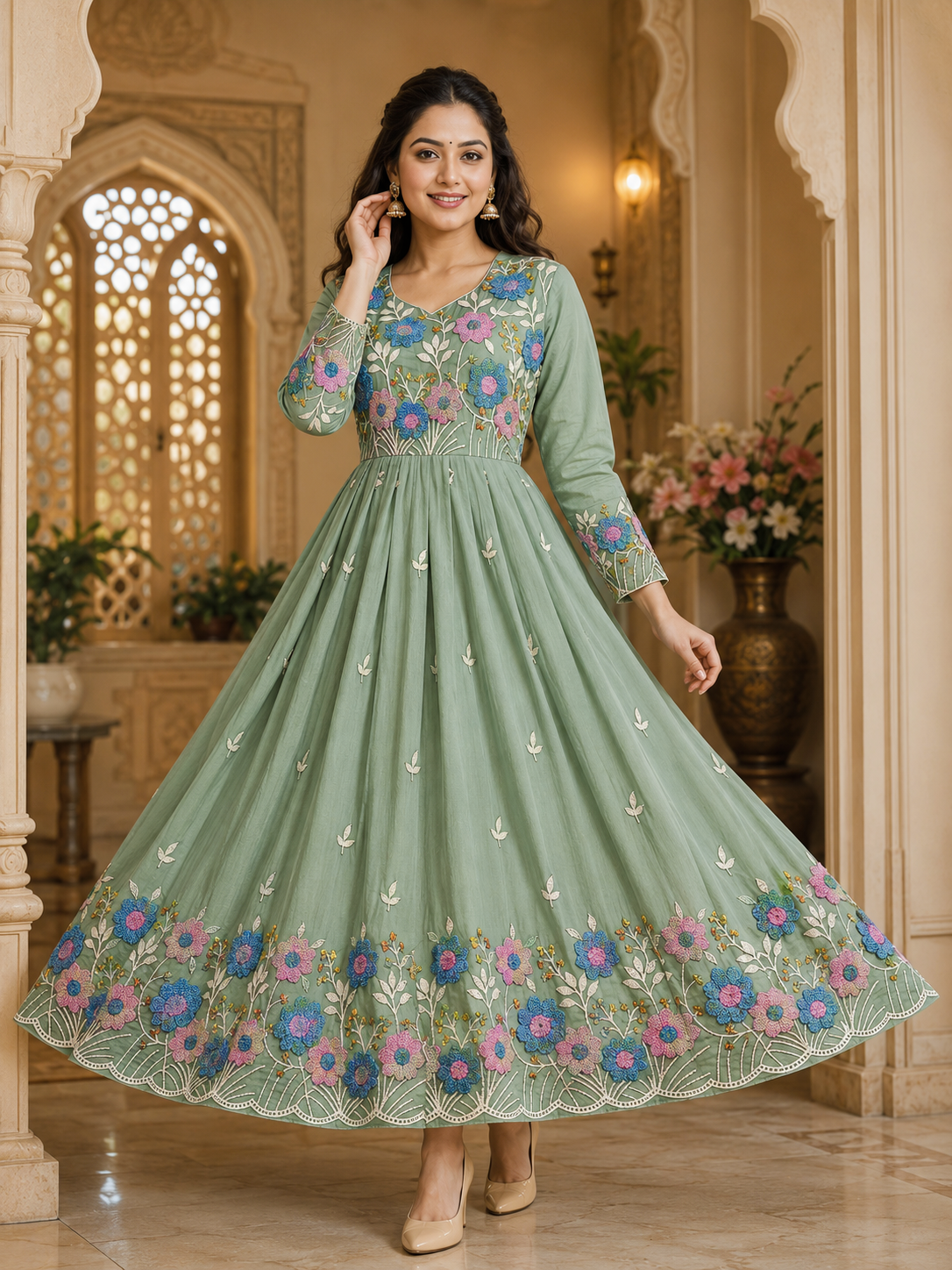 Premium Floral Embroidered Mul Cotton Anarkali Dress – Elegant Umbrella Flare | Free Shipping 🎉