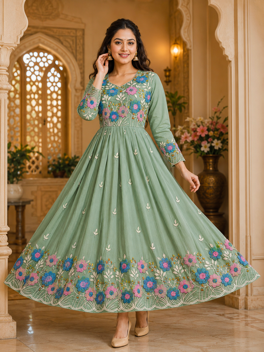 Premium Floral Embroidered Mul Cotton Anarkali Dress – Elegant Umbrella Flare | Free Shipping 🎉