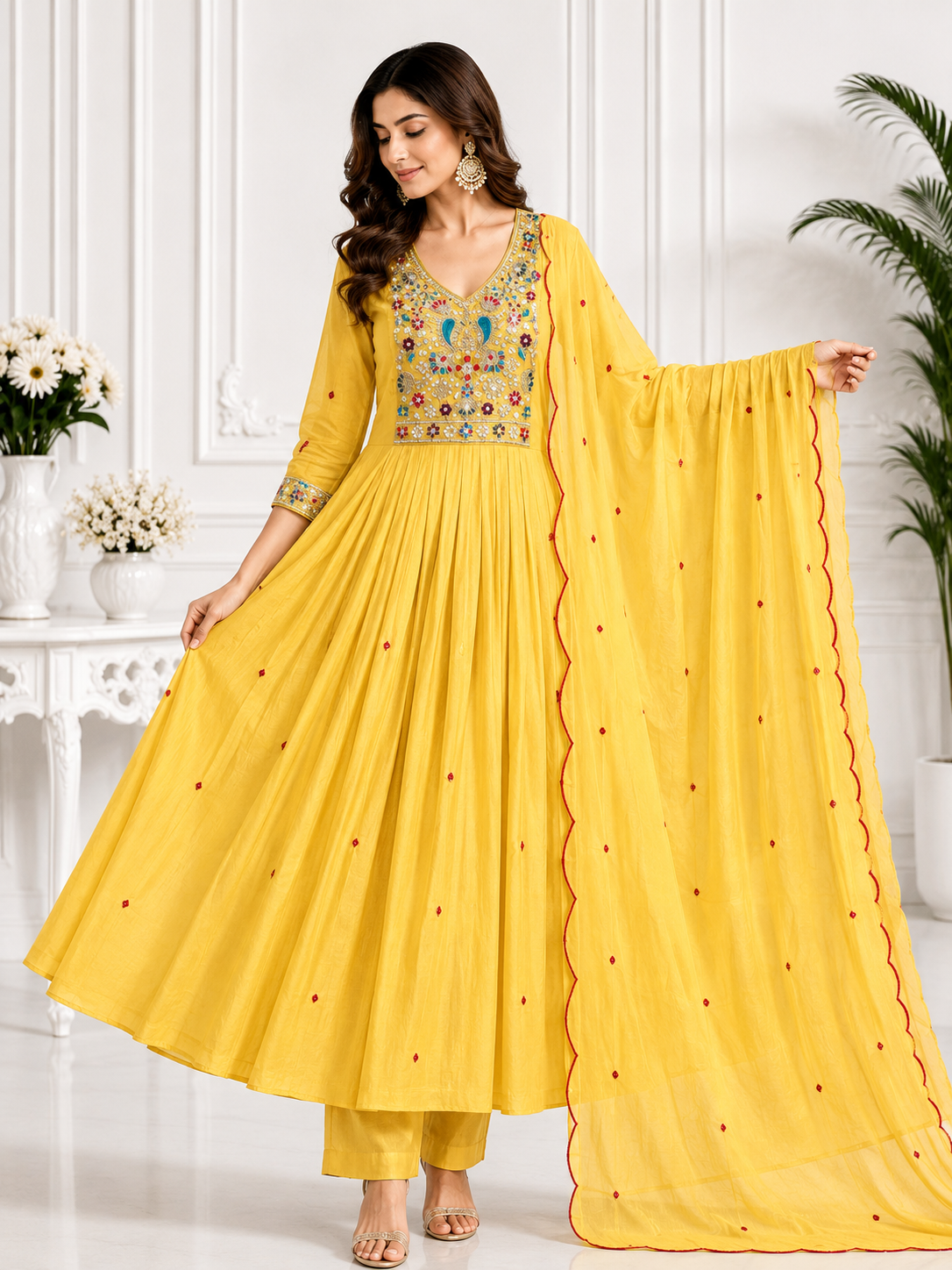 Premium  Mal Chanderi Embroidered Anarkali Suit Set with Dupatta | Free Shipping