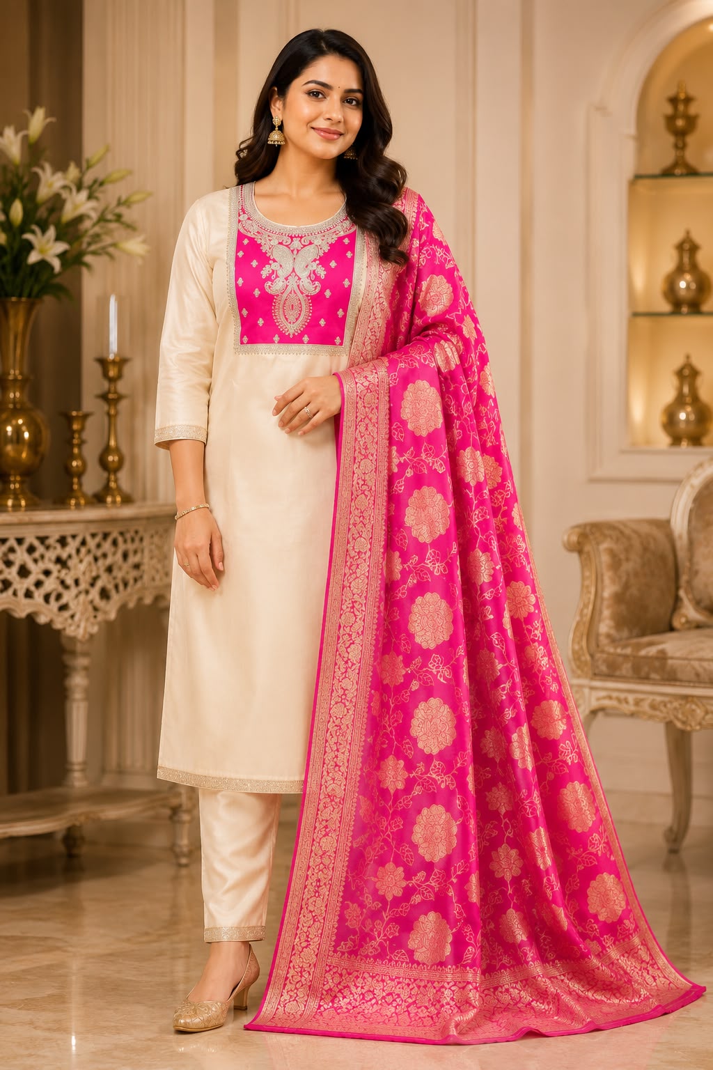 Premium Kanchi Glass Tissue 3 Piece Suit Set in Pink with Designer Banarasi Dupatta for Women | LIKE N LIKE