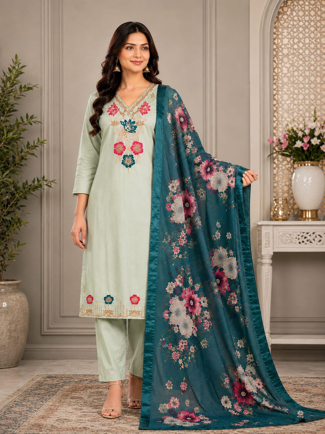 Premium Glass Tissue Embroidered Suit Set with Designer Printed Dupatta