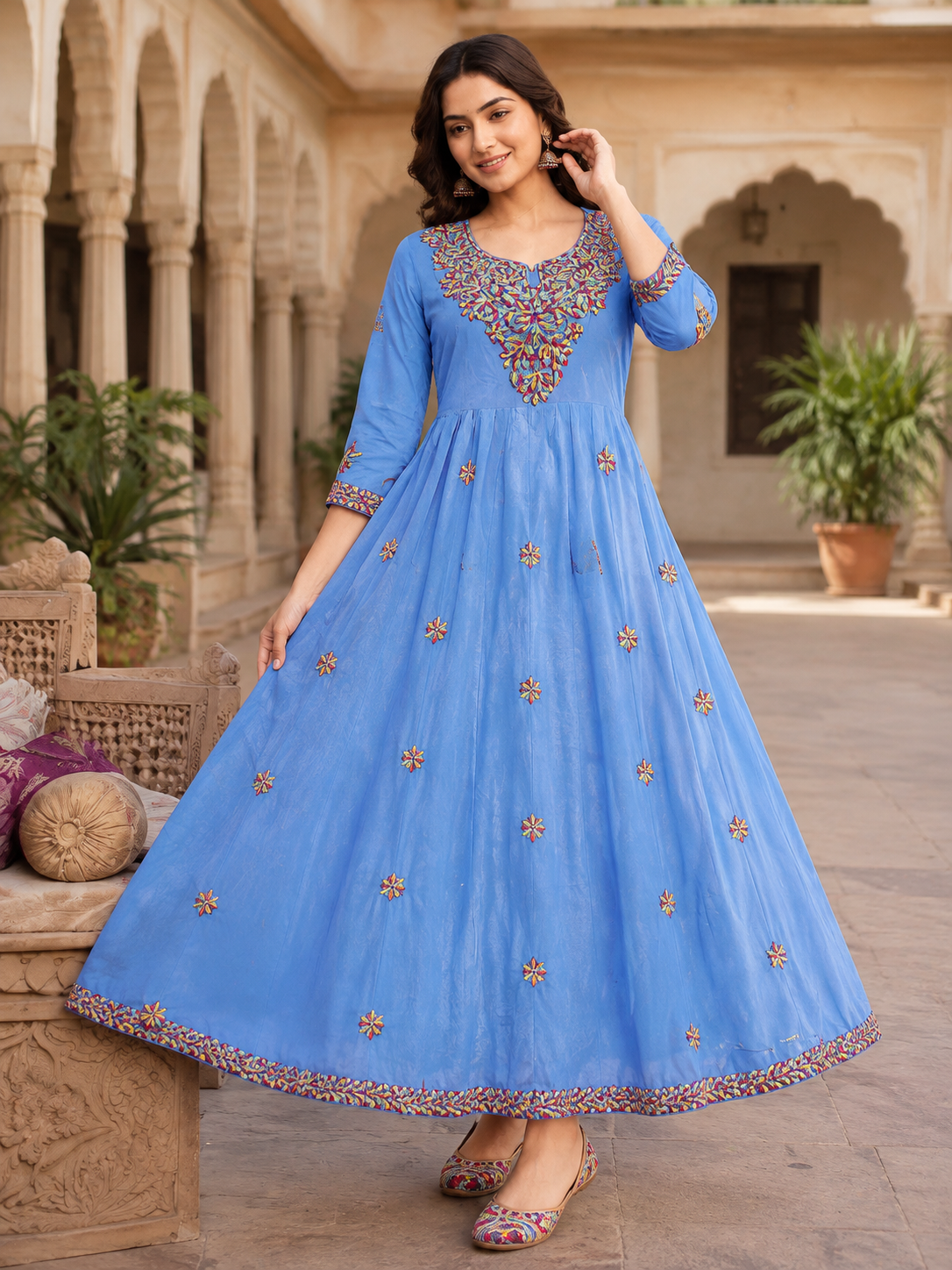 Sky Blue Embroidered Rayon Anarkali Dress for Women - Front View
