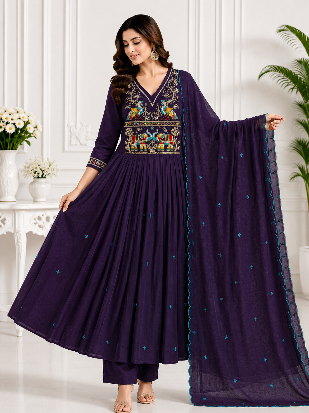 Mal Chanderi Embroidered Anarkali Suit Set with Dupatta | Women's Ethnic Wear | Design 1