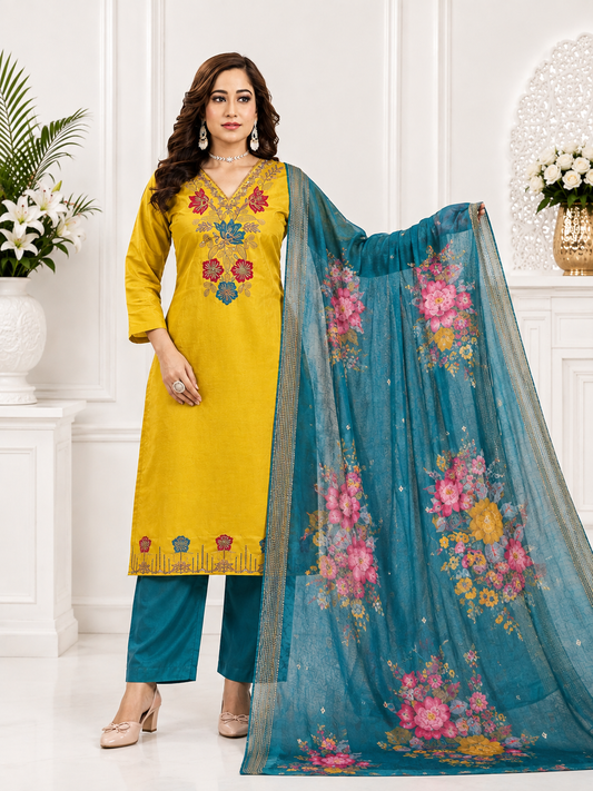 Mustard Yellow Glass Tissue Embroidered Suit Set with Blue Printed Dupatta - LIKE N LIKE Vijayawada