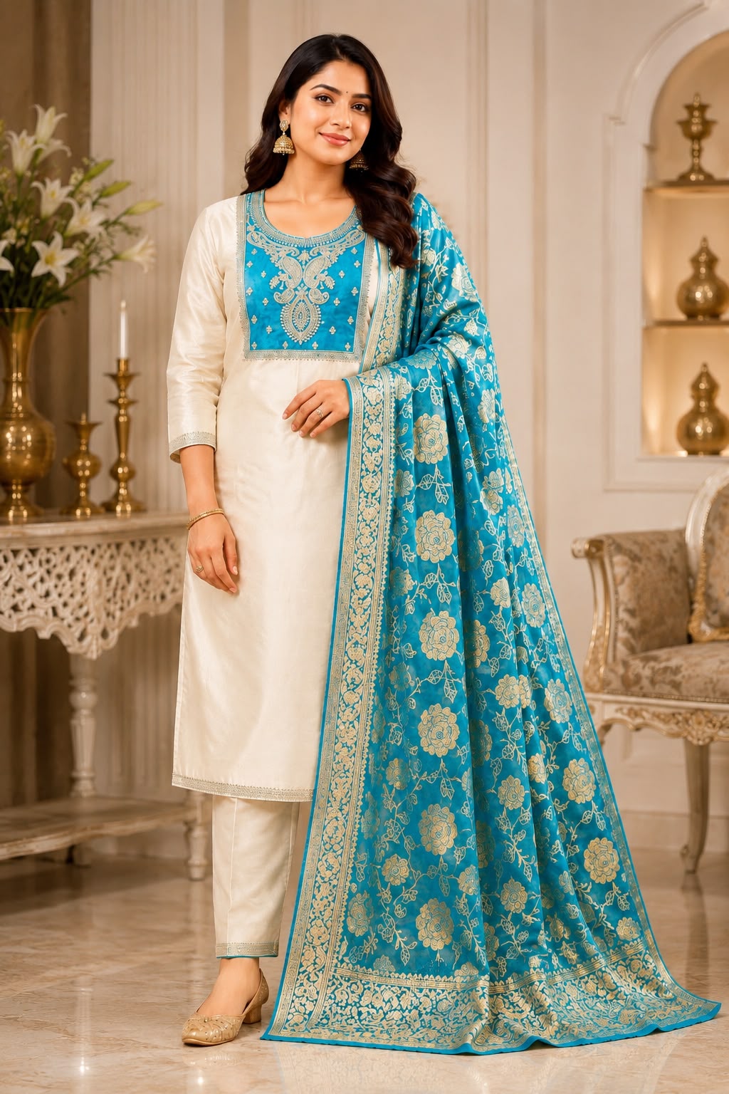 Premium Kanchi Glass Tissue 3 Piece Suit Set in Teal Blue with Designer Banarasi Dupatta for Women | LIKE N LIKE
