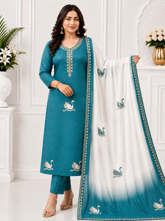 Teal green embroidered 3-piece salwar suit set with swan motif printed dupatta