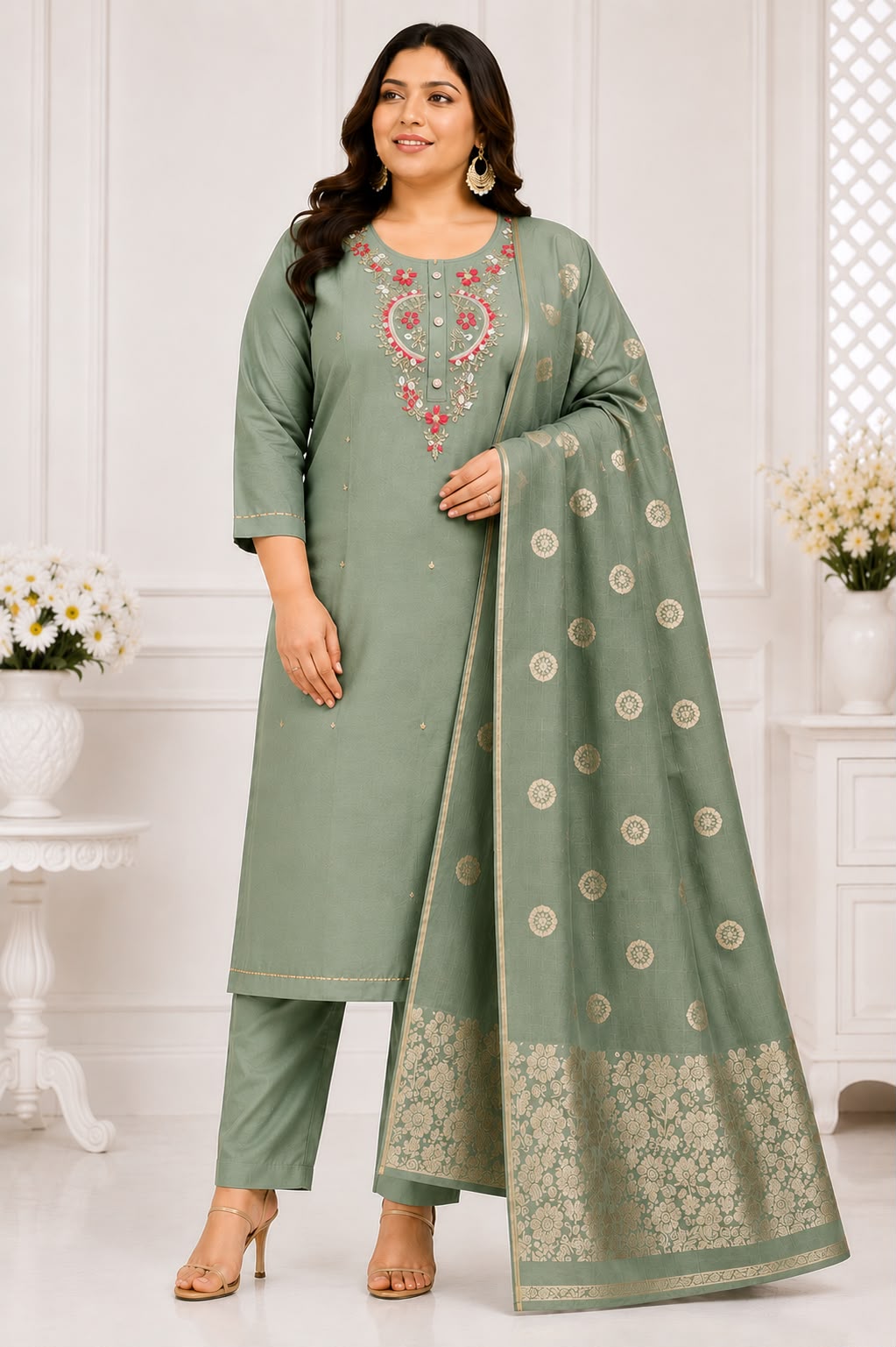 Premium Roman Silk 3-Piece Plus Size Suit Set | Embroidered Kurta, Pant & Jacquard Dupatta| Free Shipping 🎉