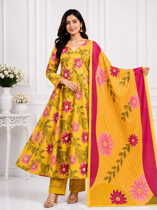 Mustard Yellow Floral Printed Anarkali Kurta and Pant Set with matching Dupatta