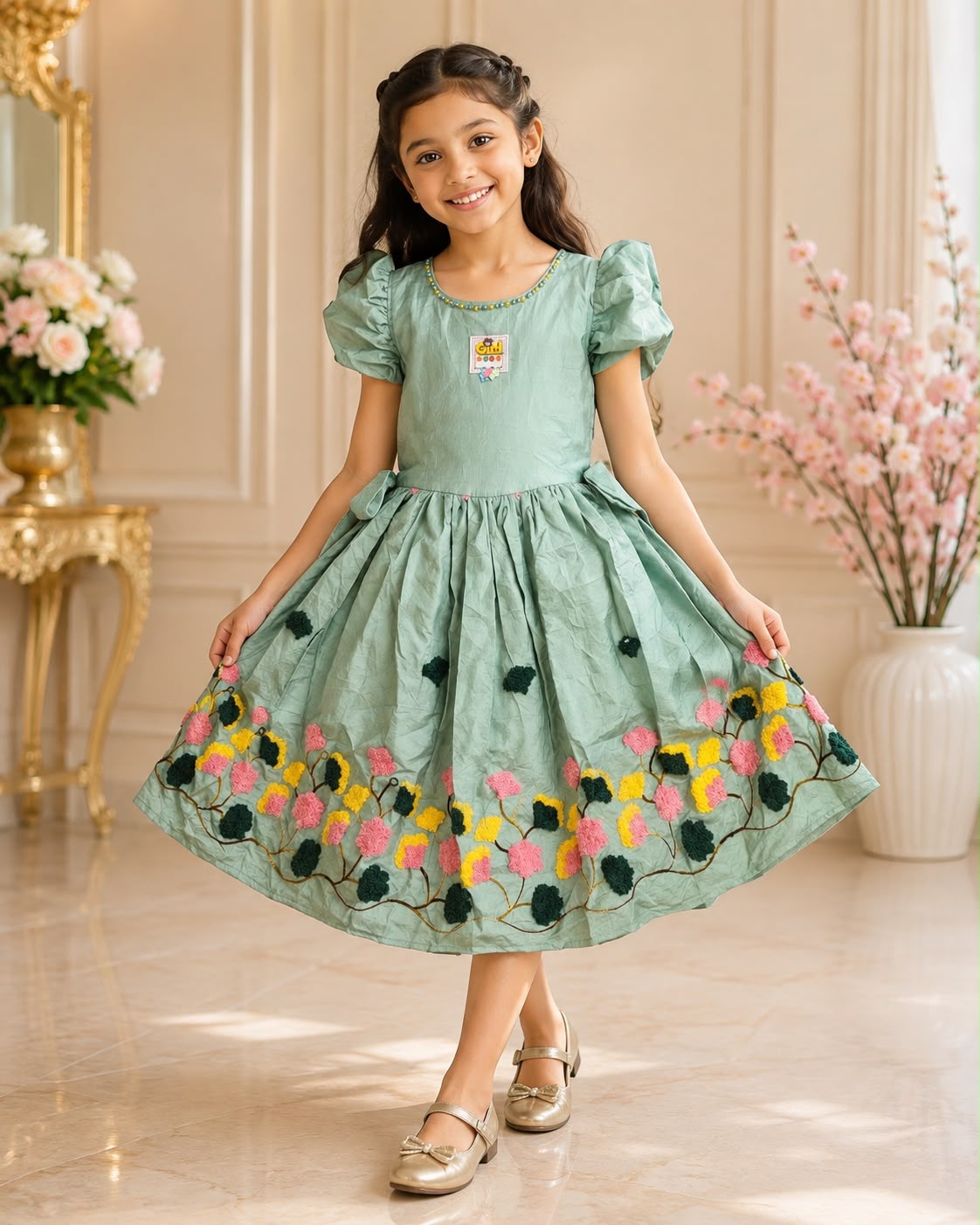 Girls Floral Designer Frock with Bow & Flower Embroidery | Kids Party Wear Frock | Sizes 8 - 10 Years