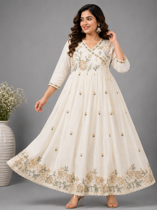 Mul Cotton Embroidery Frock | Rose Design