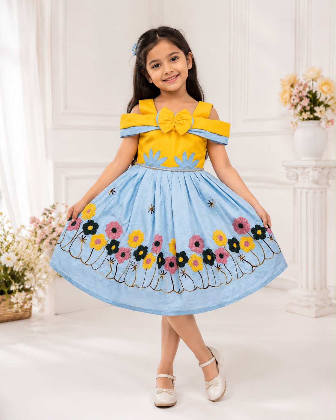 Girls Floral Designer Frock with Bow & Flower Embroidery | Kids Party Wear Frock | Sizes 20–30 | Model - 3