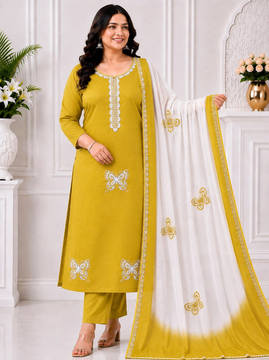 Mehandi green butterfly embroidered 3-piece salwar suit set with printed dupatta