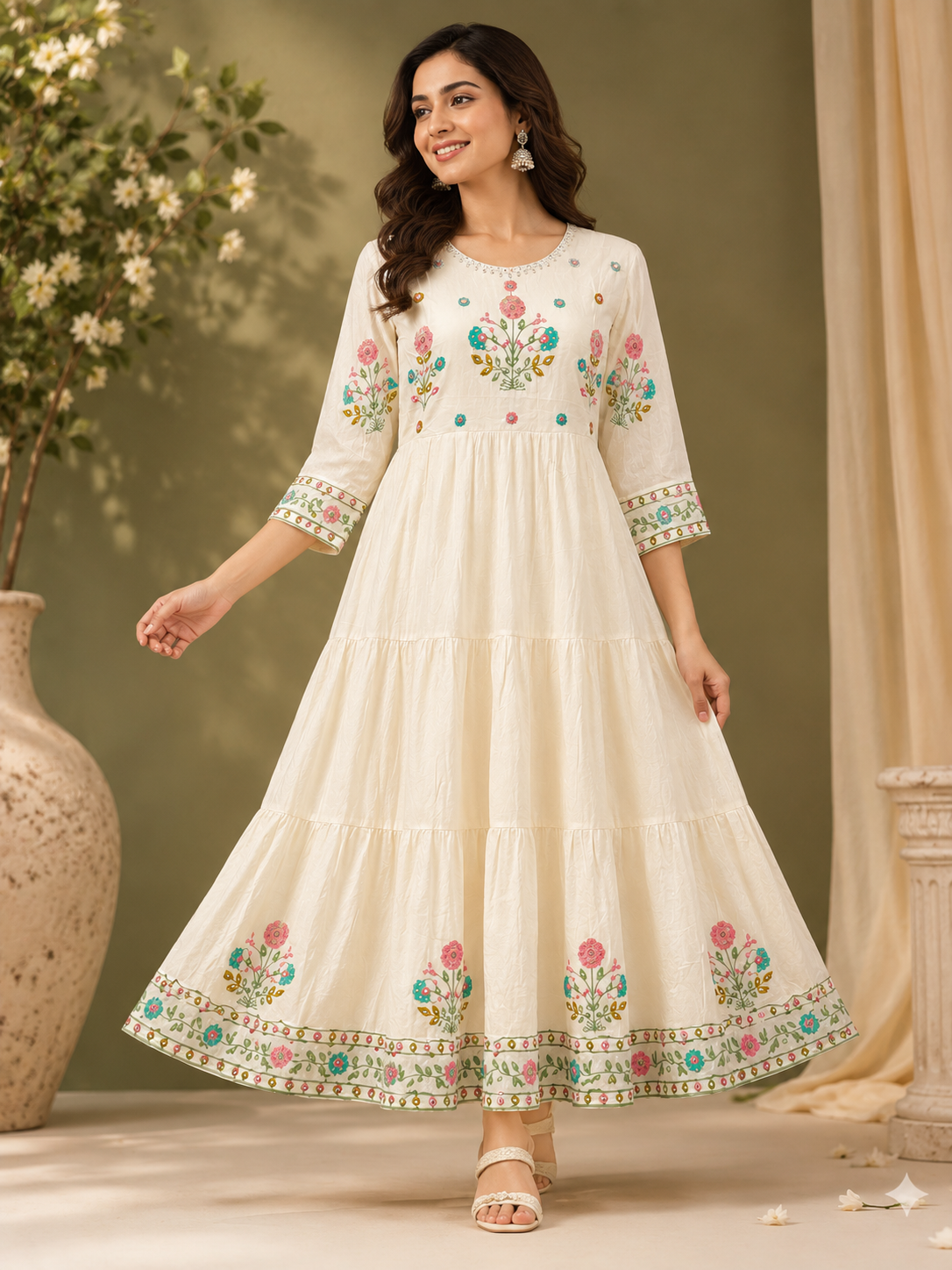 Mul Cotton Embroidery Frock | Flower Design