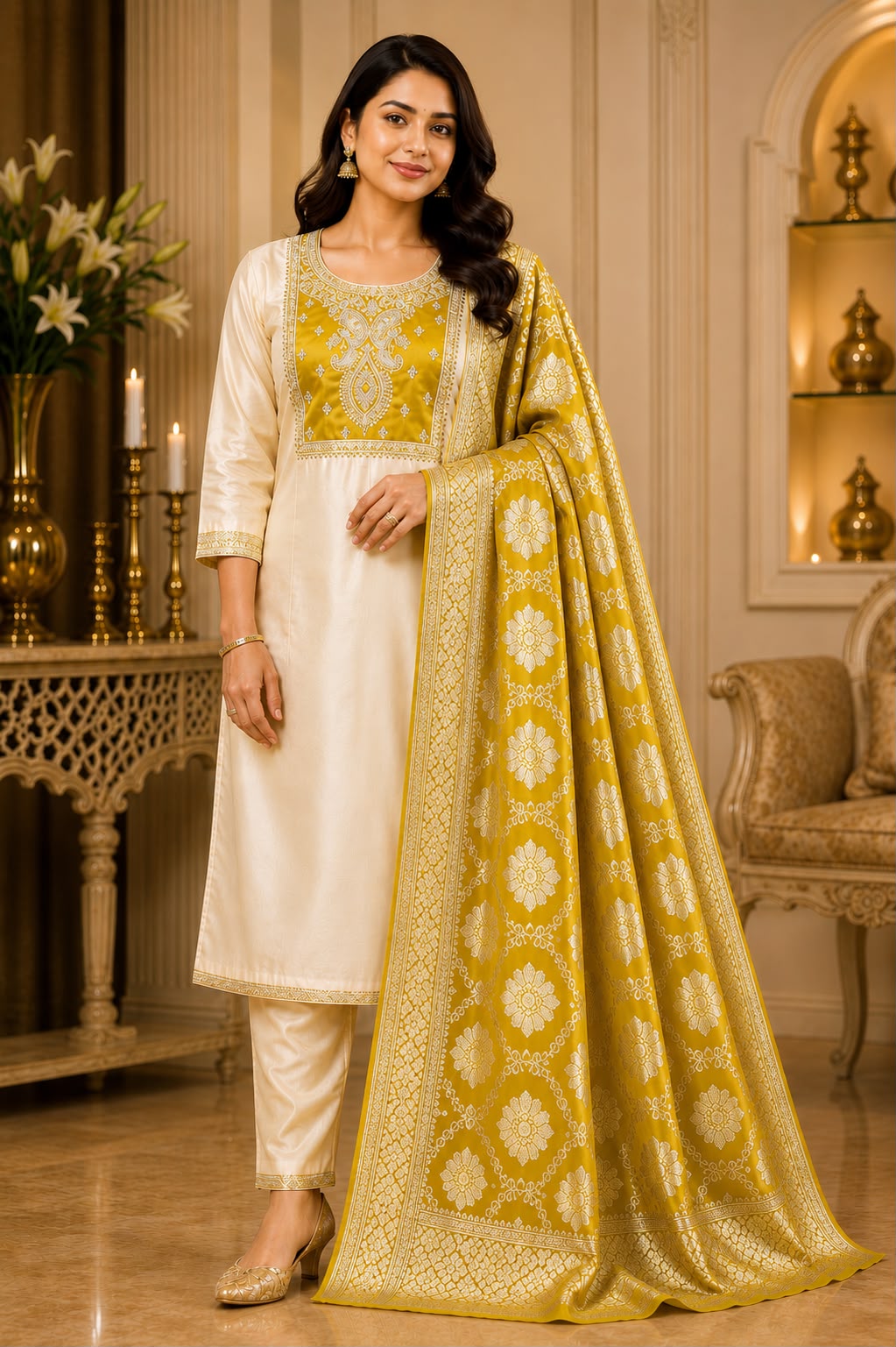 Premium Kanchi  Glass Tissue 3 Piece Suit Set in Yellow with Designer Banarasi Dupatta for Women | LIKE N LIKE