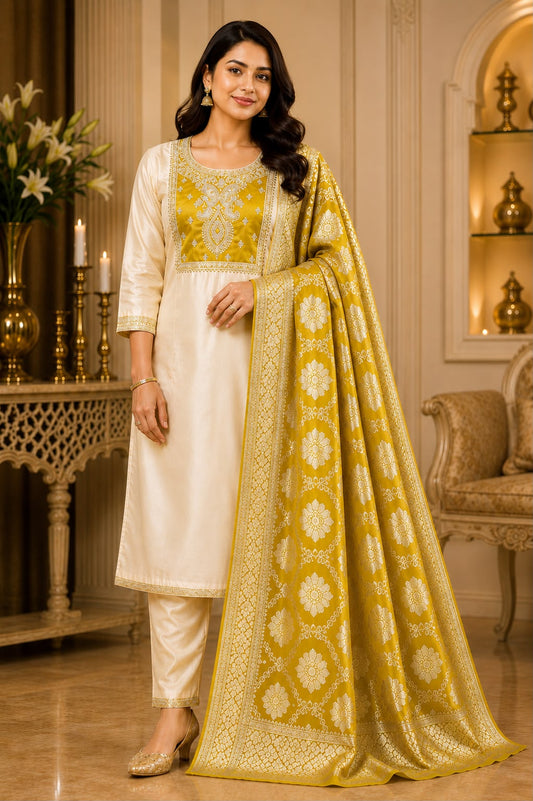 Premium Kanchi  Glass Tissue 3 Piece Suit Set in Yellow with Designer Banarasi Dupatta for Women | LIKE N LIKE