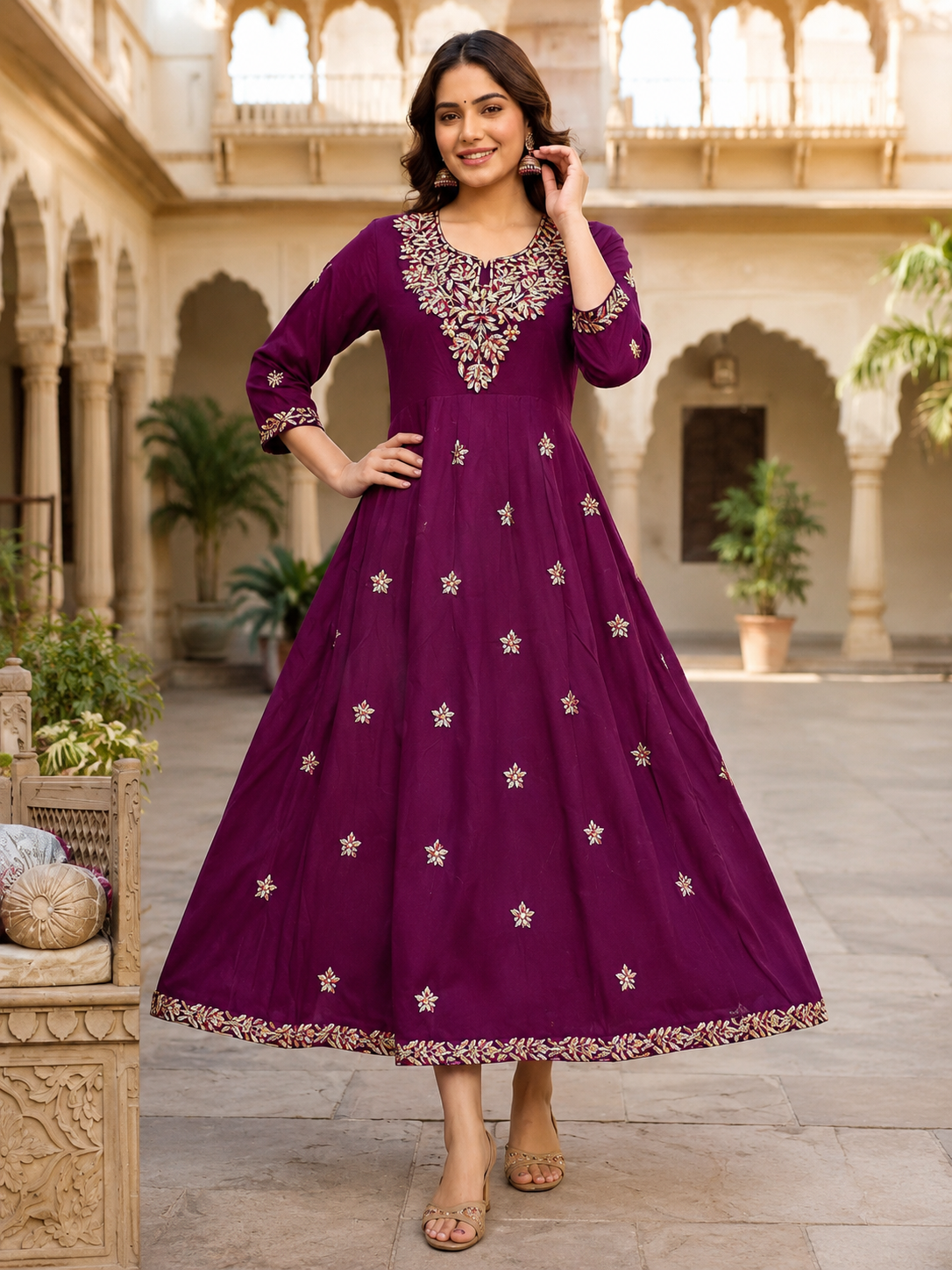 Wine Purple Embroidered Rayon Anarkali Dress for Women - Front View