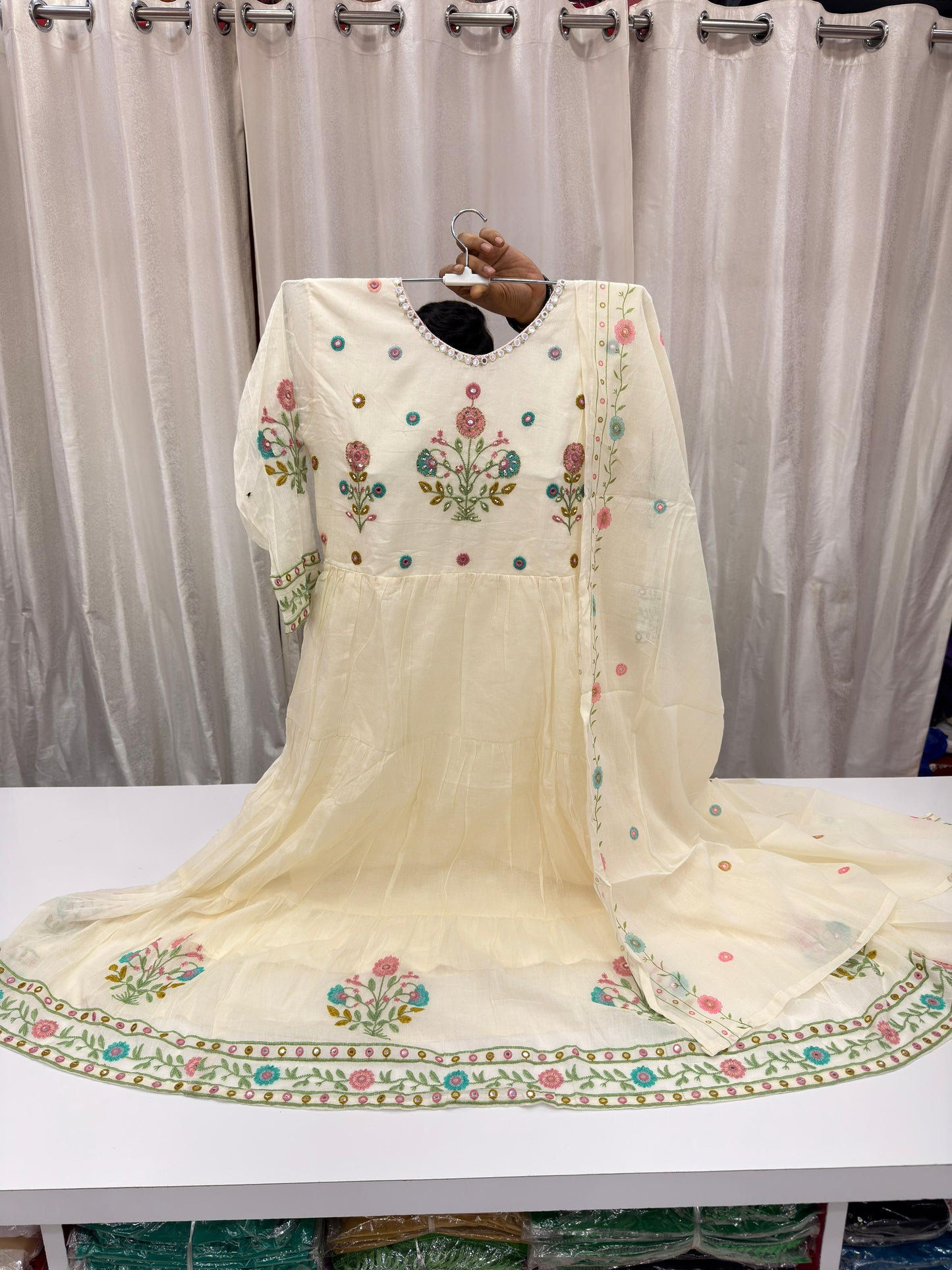 Ivory Embroidered Anarkali 3-Piece Suit Set