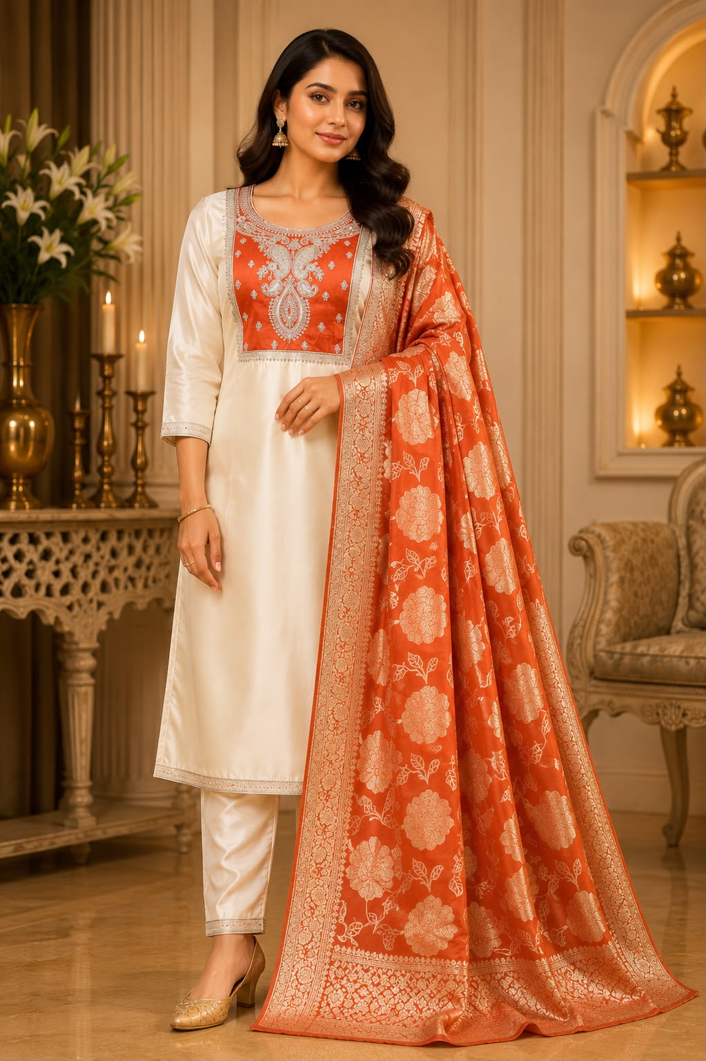 Premium Kanchi  Glass Tissue 3 Piece Suit Set in Orange with Designer Banarasi Dupatta for Women | LIKE N LIKE