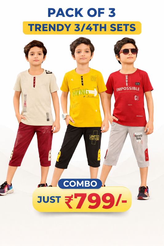 Boys 3/4th's Combo Pack of 3 | Cotton T-Shirt & Capri Set