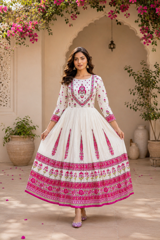 Pink Mal Cotton Embroidered Anarkali Dress with Soft Lining - LIKE N LIKE Vijayawada