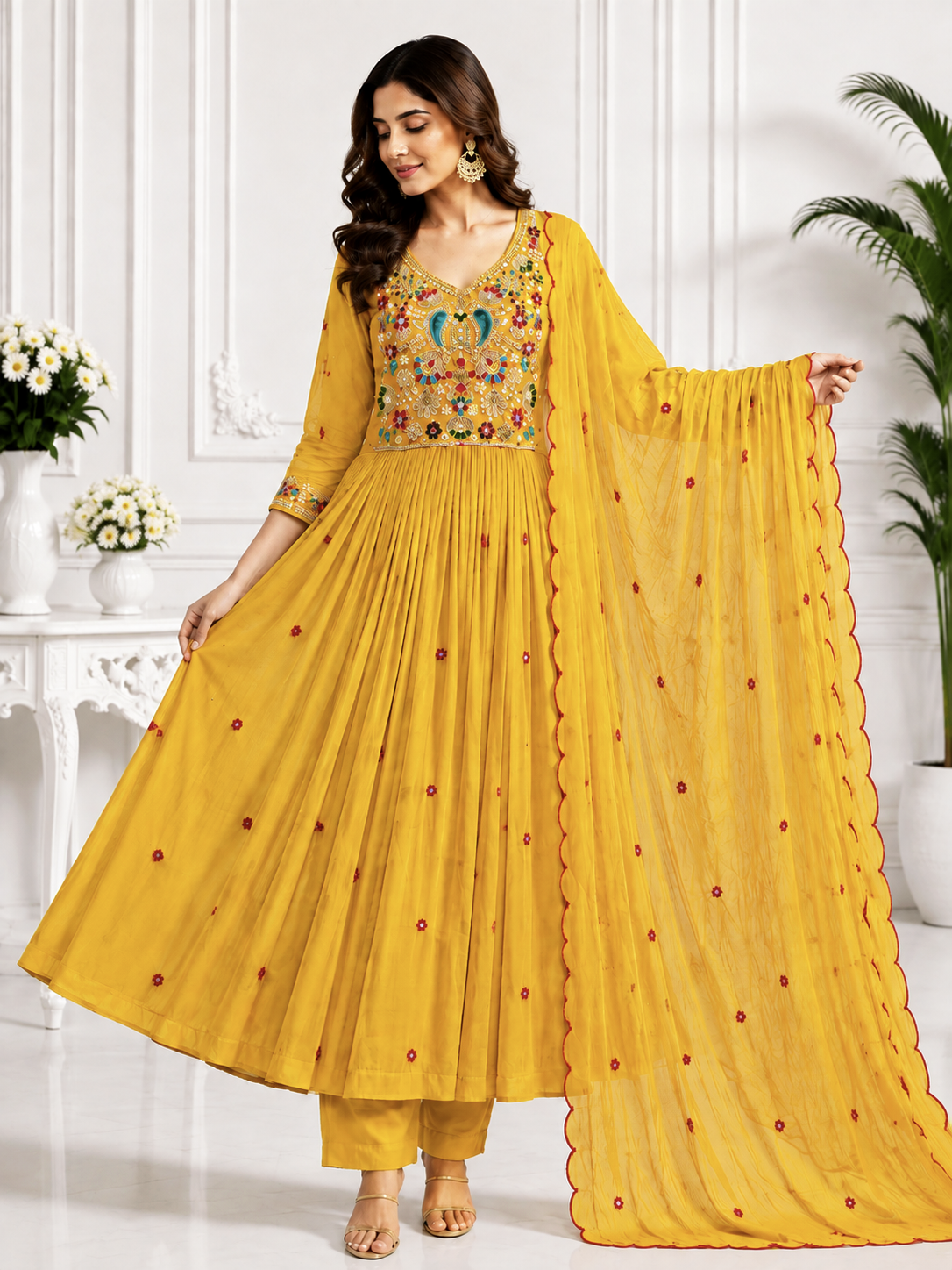 Premium  Mal Chanderi Embroidered Anarkali Suit Set with Dupatta | Free Shipping