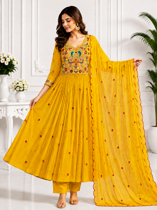 Mustard Yellow Mal Chanderi Embroidered Anarkali Suit Set with Dupatta - Front View
