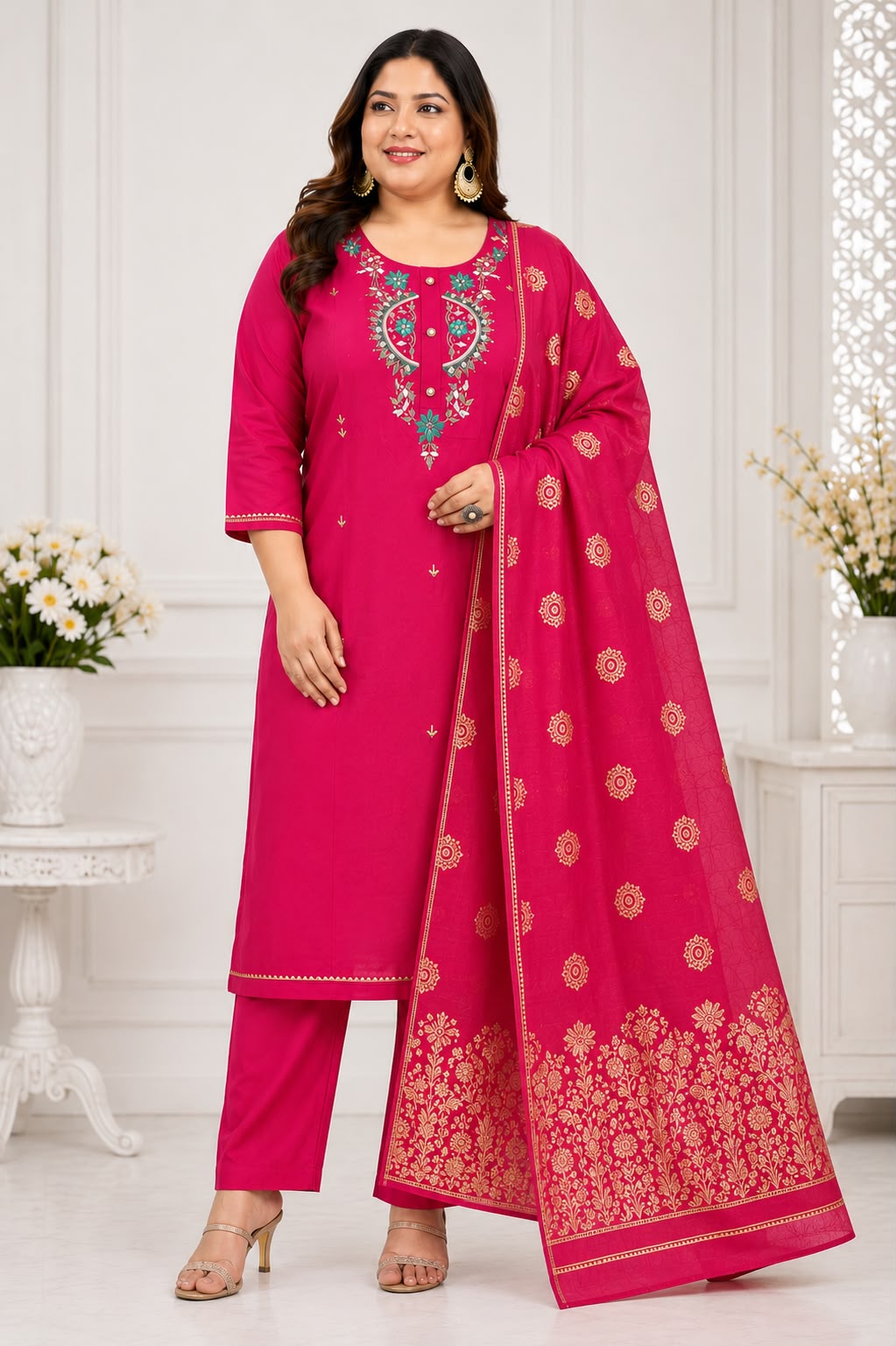 Premium Roman Silk 3-Piece Plus Size Suit Set | Embroidered Kurta, Pant & Jacquard Dupatta| Free Shipping 🎉