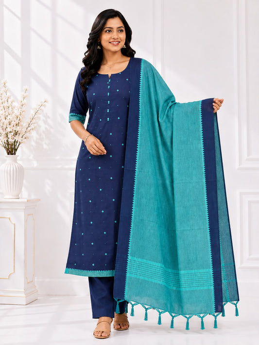Mangalagiri Cotton 3 Piece Suit Set in Deep Teal Navy Blue at LIKE N LIKE Showroom Vijayawada