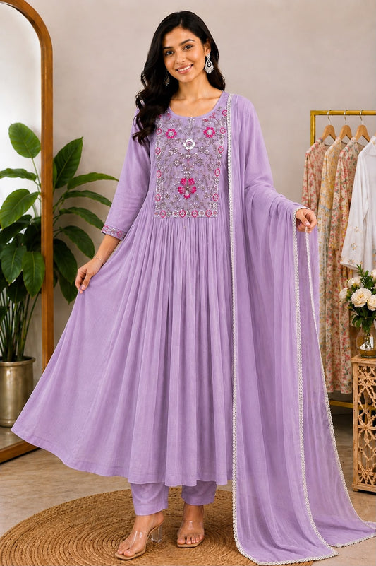 Lavender embroidered Anarkali suit set with pants and dupatta