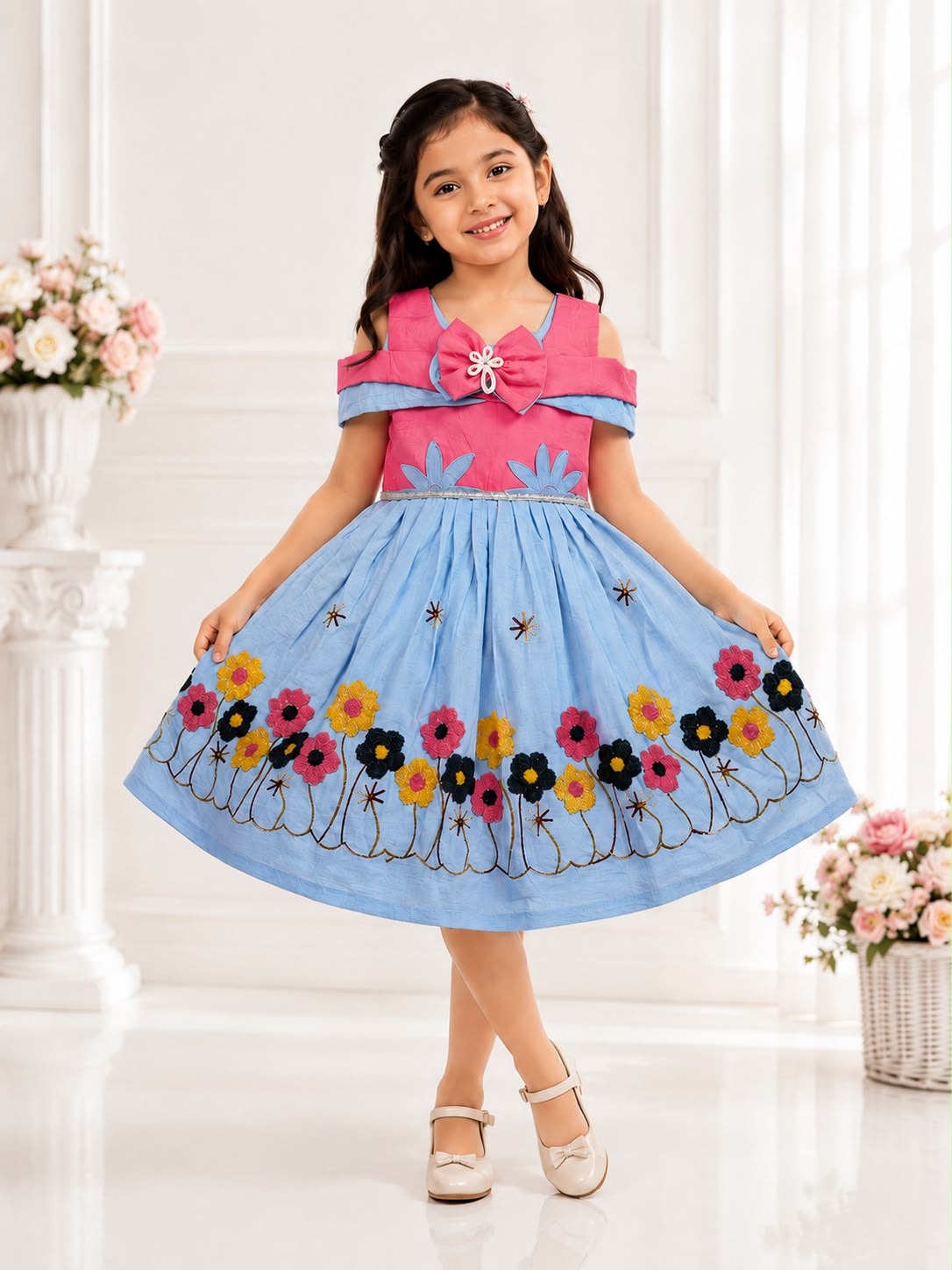 Girls Floral Designer Frock with Bow & Flower Embroidery | Kids Party Wear Frock | Sizes 20–30 | Model - 3