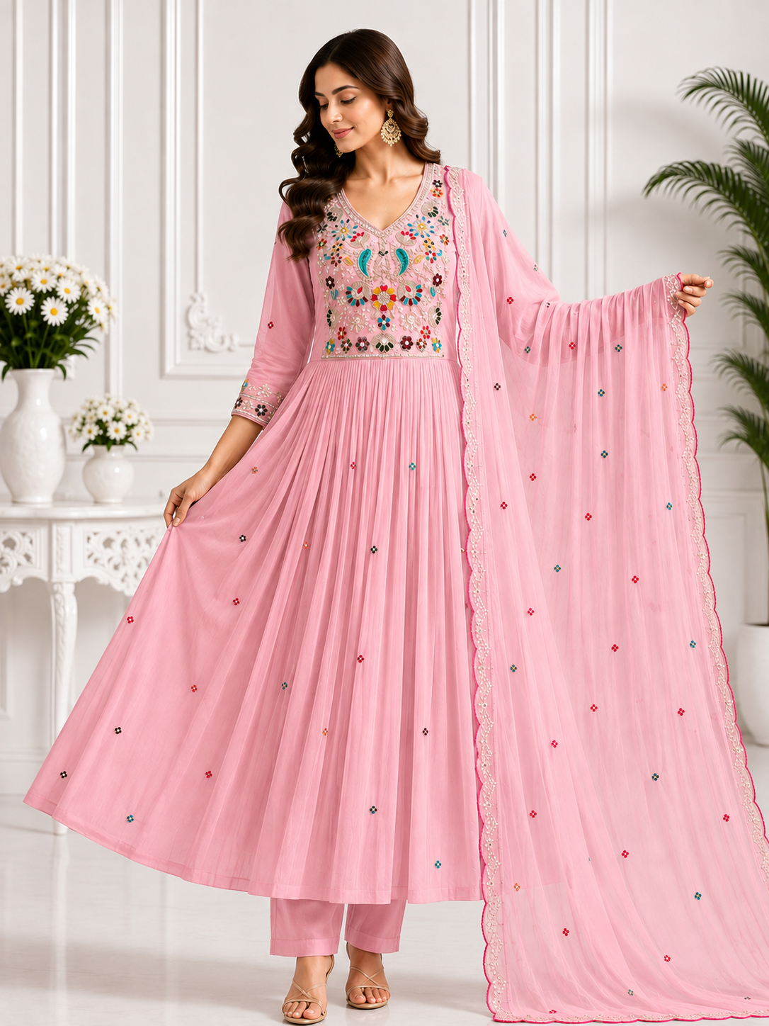 Premium  Mal Chanderi Embroidered Anarkali Suit Set with Dupatta | Free Shipping