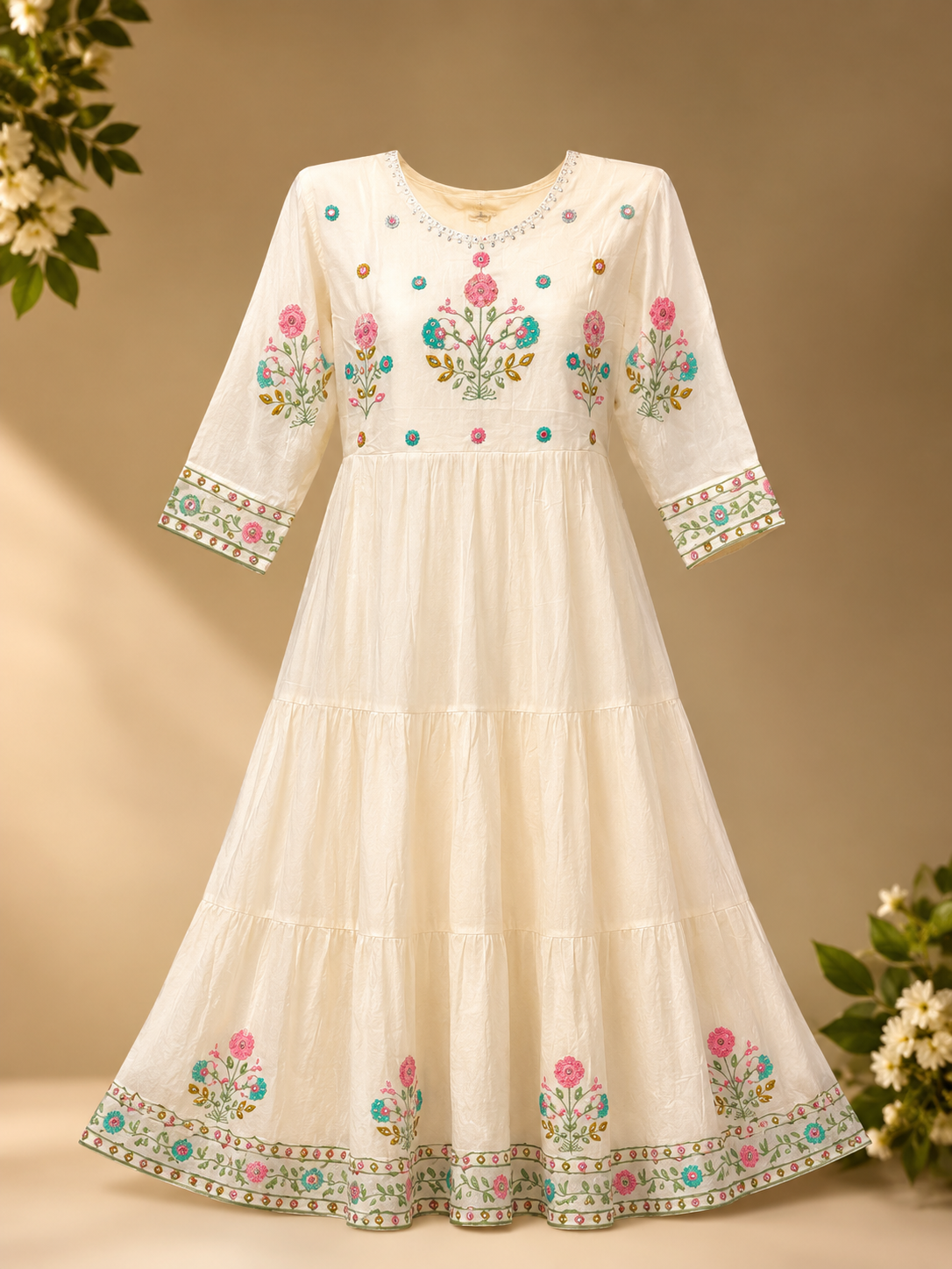 Mul Cotton Embroidery Frock | Flower Design